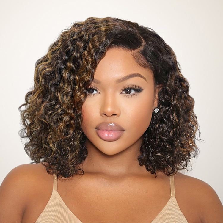 VIP DAY ONLY | 10 Inches Casual Blonde Highlights Curly Minimalist HD Lace Glueless C Part Short Wig 100% Human Hair - US Only