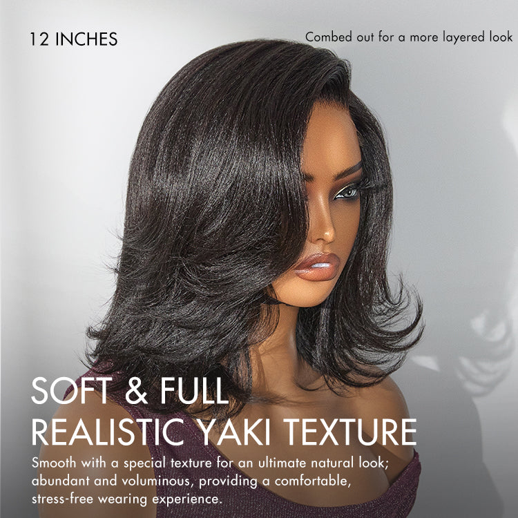 Natural Look Yaki Texture Layered Bangs Bob Wig Glueless Minimalist HD Lace Human Hair Wig Pre-Cut Lace
