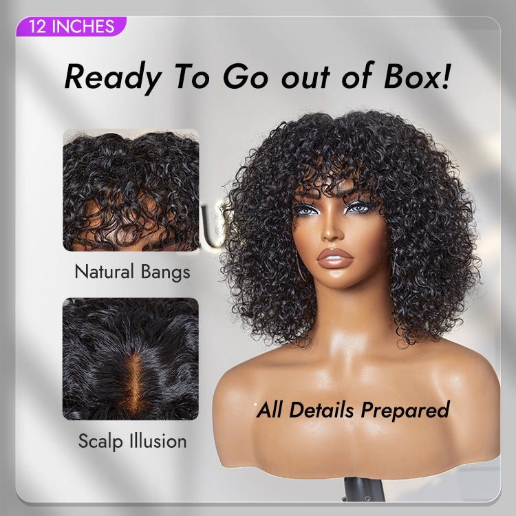 Beginner Friendly Water Wave Minimalist Lace Glueless Short Curly Wig with Bangs