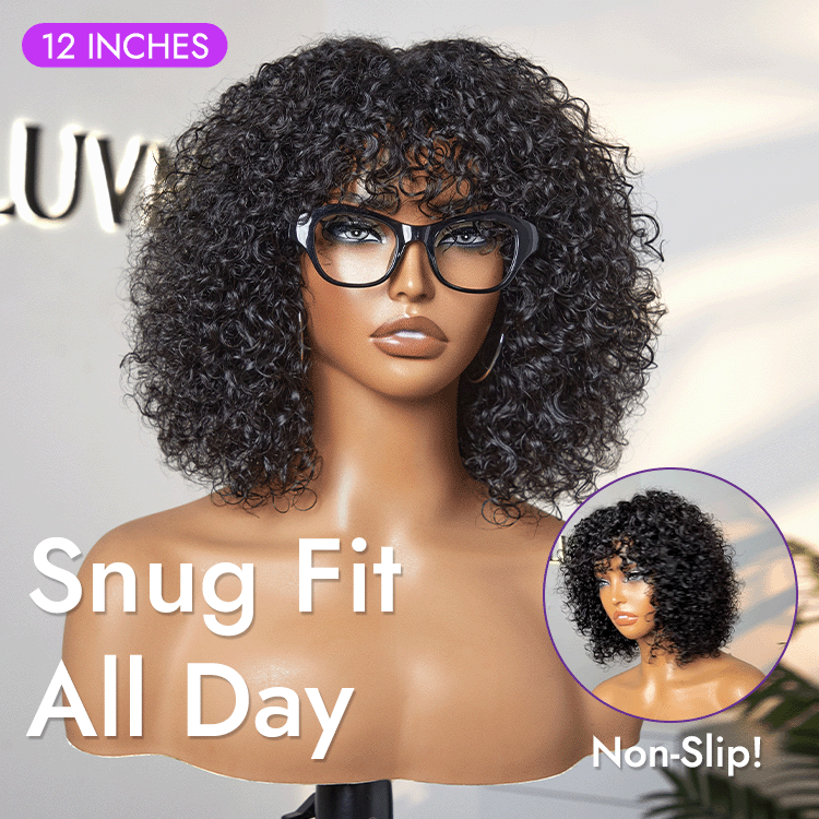 New Customers Only | Beginner Friendly Water Wave Minimalist Lace Glueless Short Curly Wig with Bangs
