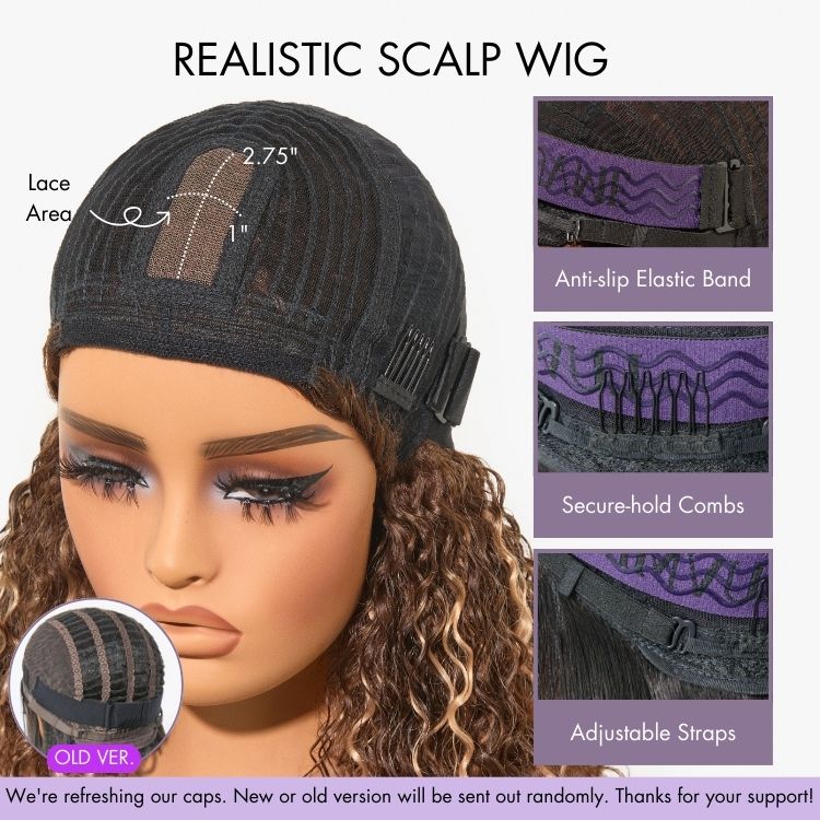 Weekly Special | 1 SEC INSTALL WIG | Brown Highlight Water Wave Natural Scalp Glueless Minimalist Lace Short Curly Wig with Bangs