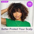 1 SEC INSTALL WIG | Brown Highlight Water Wave Natural Scalp Glueless Minimalist Lace Short Curly Wig with Bangs