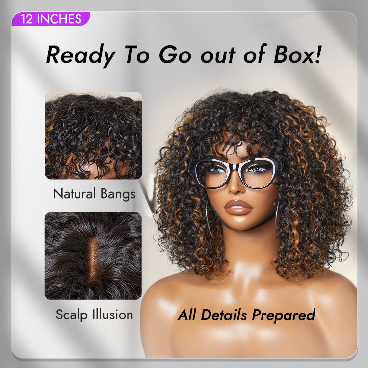 1 SEC INSTALL WIG | Brown Highlight Water Wave Natural Scalp Glueless Minimalist Lace Short Curly Wig with Bangs