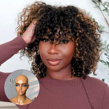 Weekly Special | 1 SEC INSTALL WIG | Brown Highlight Water Wave Natural Scalp Glueless Minimalist Lace Short Curly Wig with Bangs