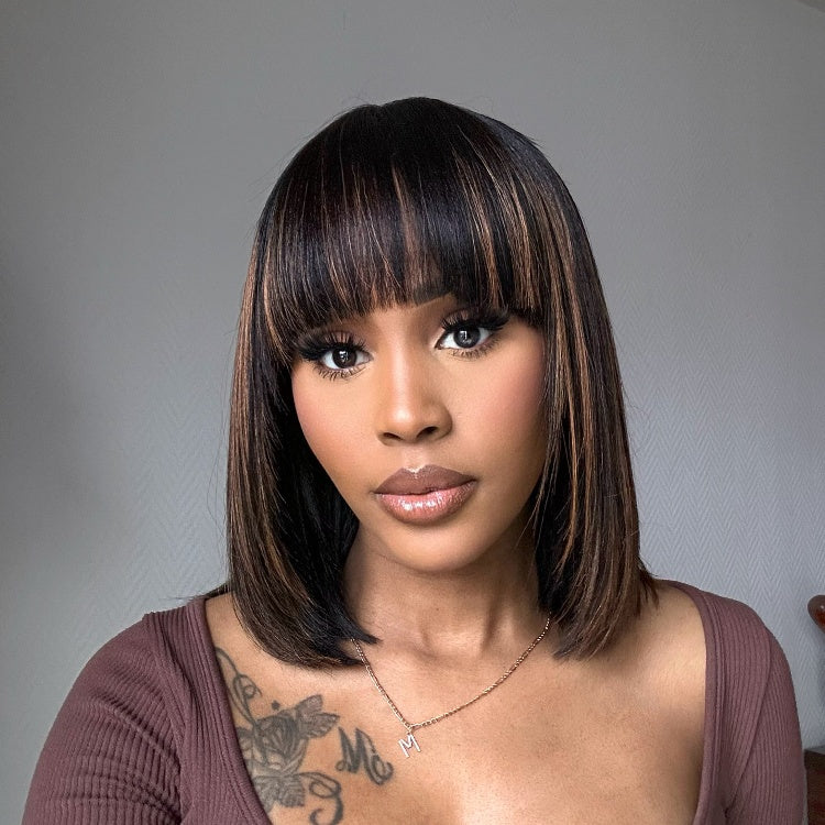 Weekly Special | Put On and Go Brown Highlight / Natural Black Layered Cut Yaki Straight Minimalist Lace Bob Wig with Bangs