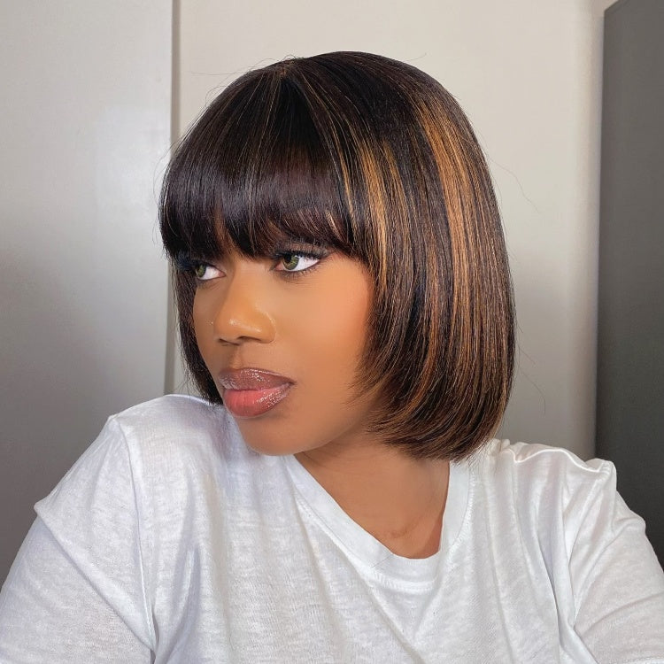 Weekly Special | Put On and Go Brown Highlight / Natural Black Layered Cut Yaki Straight Minimalist Lace Bob Wig with Bangs