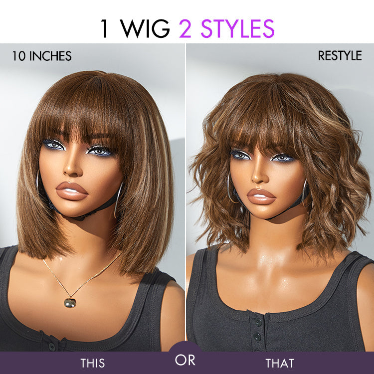 Special Offer | Put On and Go Brown Highlight / Natural Black Layered Cut Yaki Straight Minimalist Lace Bob Wig with Bangs