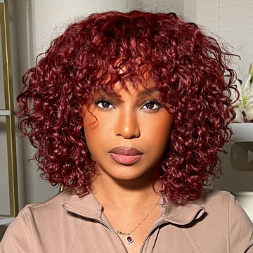 Beginner Friendly Dark Red Water Wave Glueless Minimalist Lace Curly Wig with Bangs