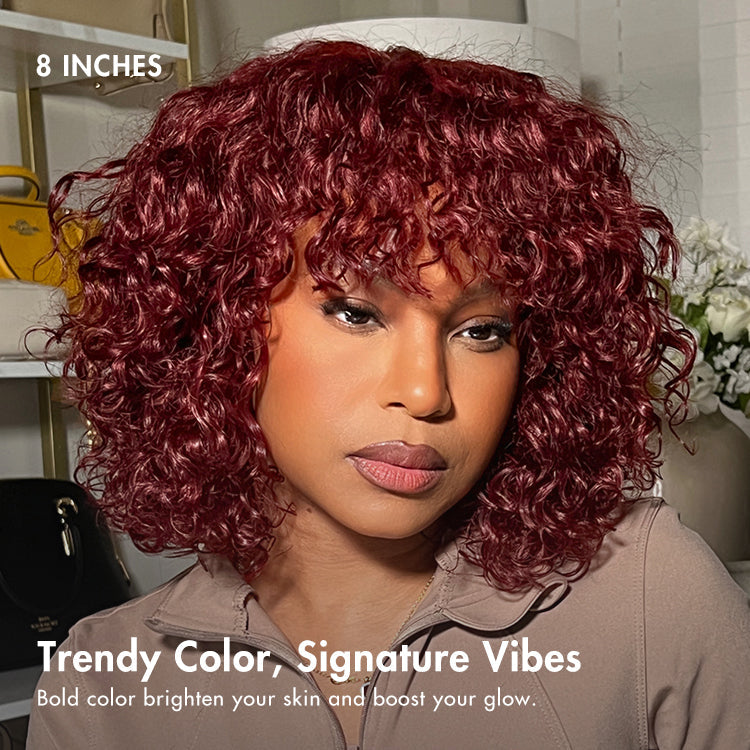 Beginner Friendly Dark Red Water Wave Glueless Minimalist Lace Curly Wig with Bangs