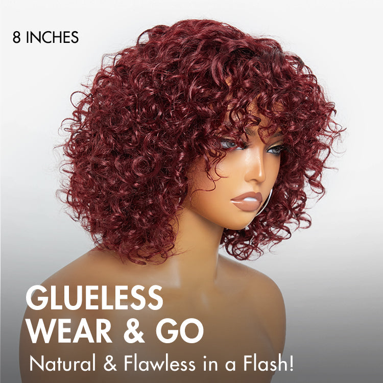 Beginner Friendly Dark Red Water Wave Glueless Minimalist Lace Curly Wig with Bangs