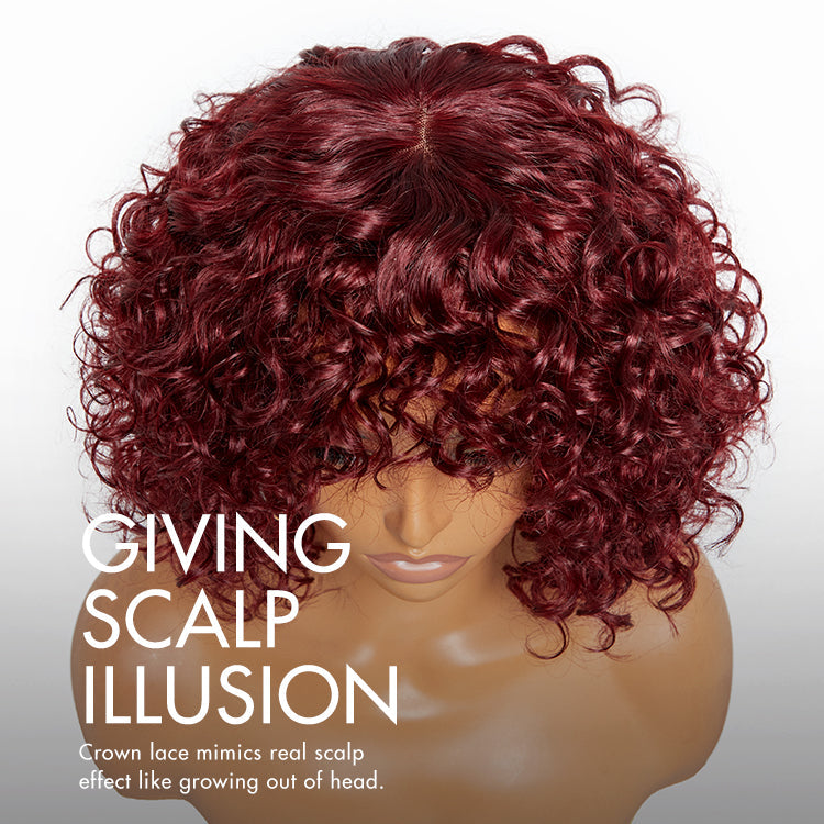 Beginner Friendly Dark Red Water Wave Glueless Minimalist Lace Curly Wig with Bangs