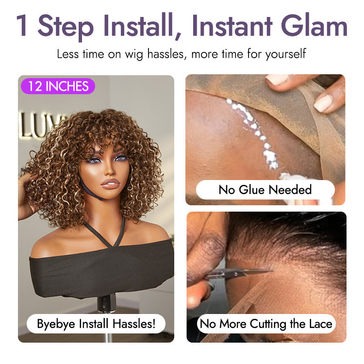 Beginner Friendly Ash Blonde Highlights Water Wave True Scalp Minimalist Lace Glueless Curly Wig with Bangs