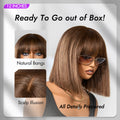 Ash Blonde Highlights Yaki Blunt Cut Bob Wig with Bangs Glueless Minimalist Lace Short Wig Breathable Cap