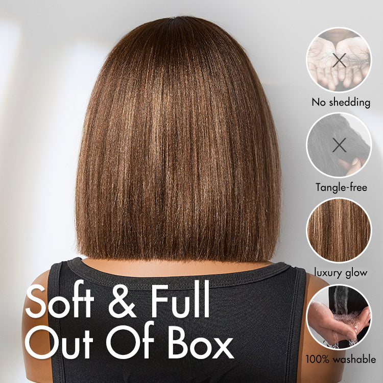 Ash Blonde Highlights Yaki Blunt Cut Bob Wig with Bangs Glueless Minimalist Lace Short Wig Breathable Cap