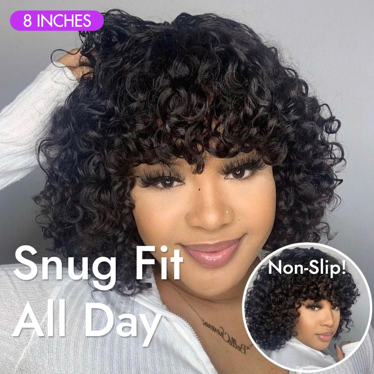 Light Weight Short Cut Water Wave Glueless Minimalist Lace Wig with Curly Bangs