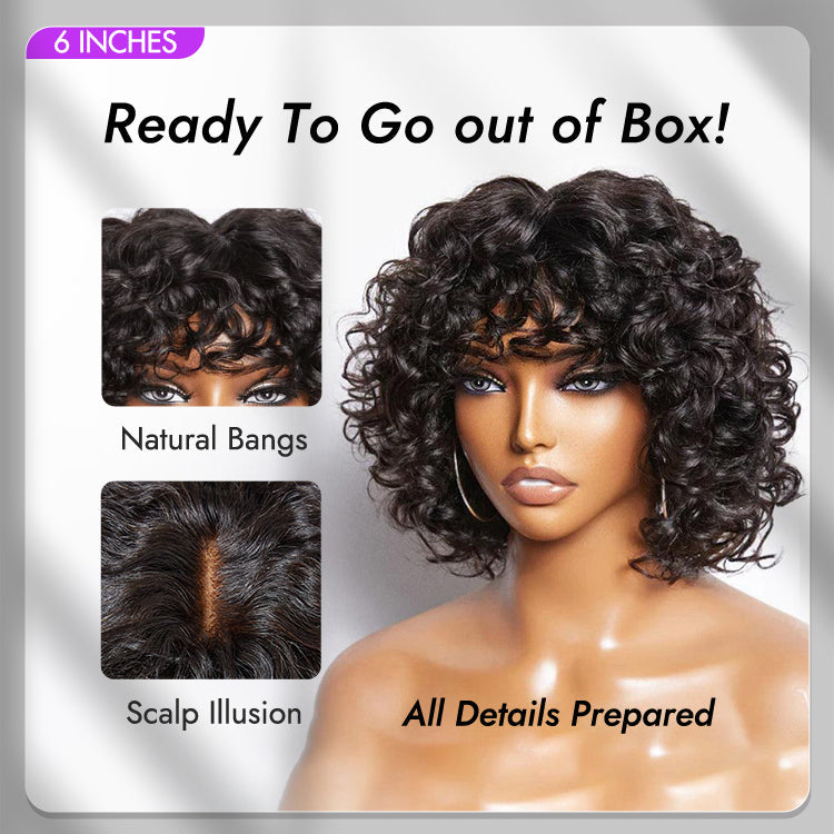 Light Weight Short Cut Water Wave Glueless Minimalist Lace Wig with Curly Bangs
