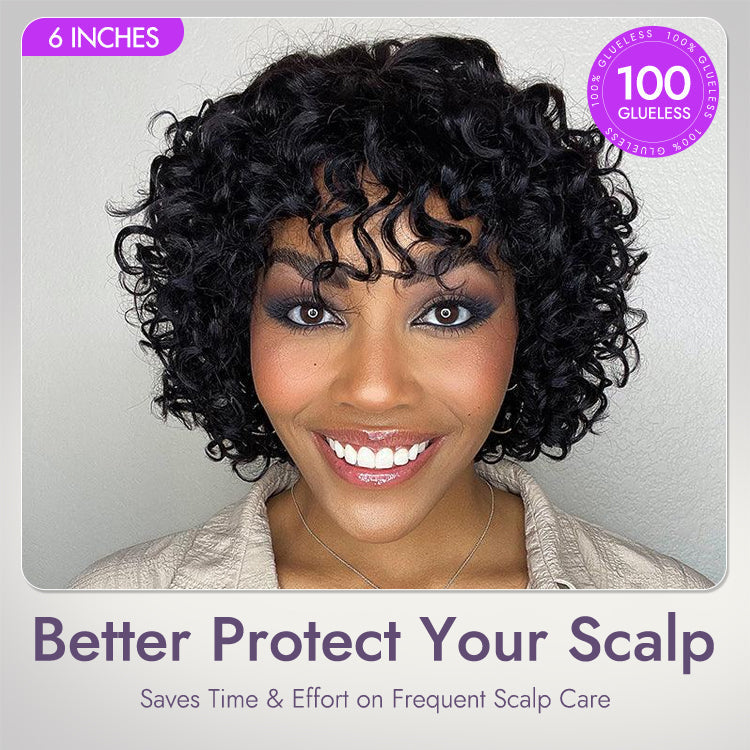 Light Weight Short Cut Water Wave Glueless Minimalist Lace Wig with Curly Bangs