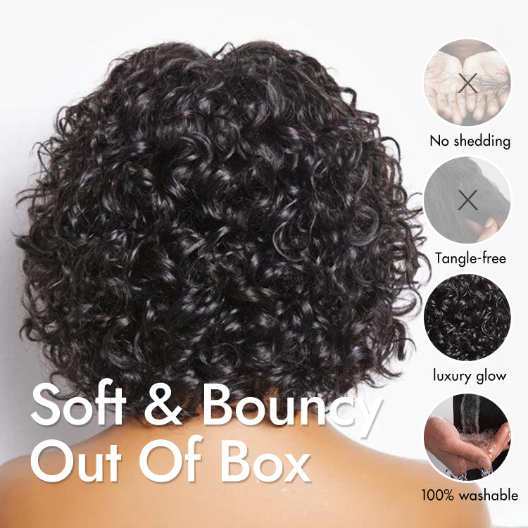 Light Weight Short Cut Water Wave Glueless Minimalist Lace Wig with Curly Bangs