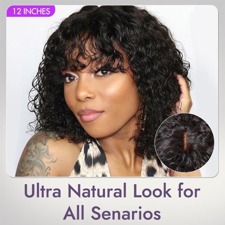 Beginner Friendly Water Wave Minimalist Lace Glueless Short Curly Wig with Bangs