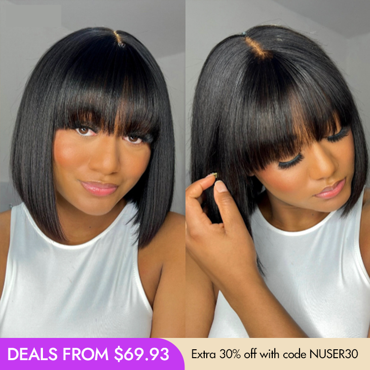 New Customers Only | Put On and Go Realistic Glueless Yaki Straight Bob with Bangs Minimalist Lace Wig 100% Human Hair