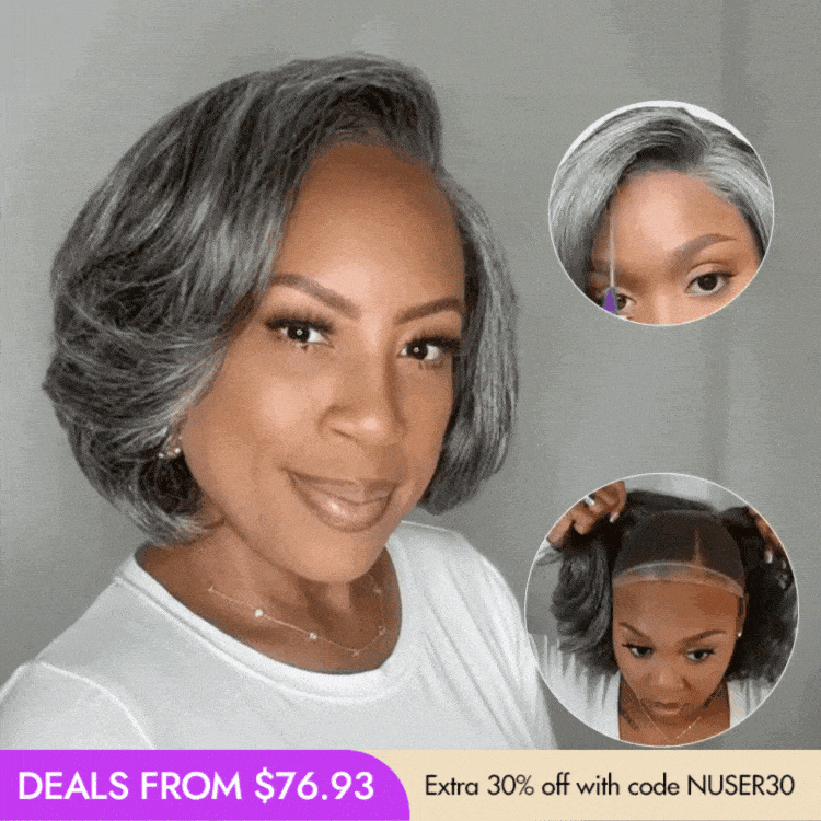 New Customers Only | Boss Vibe Salt & Pepper Layered Bob / Body Wave Glueless Pre-Cut Minimalist Lace Grey Wig