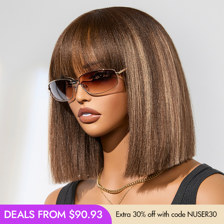 New Customers Only | Ash Blonde Highlights Yaki Blunt Cut Bob Wig with Bangs Glueless Minimalist Lace Short Wig Breathable Cap