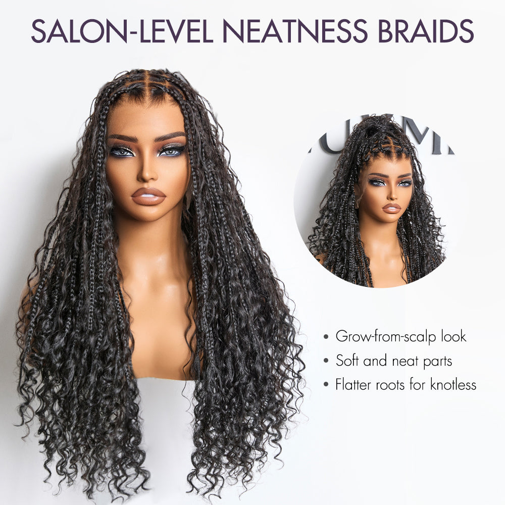 Special Deal | Light Weight Flexi-Fit Invisi Drawstring Cap Full Lace Knotless Boho Curls Braided Long Wig Super Natural Scalp