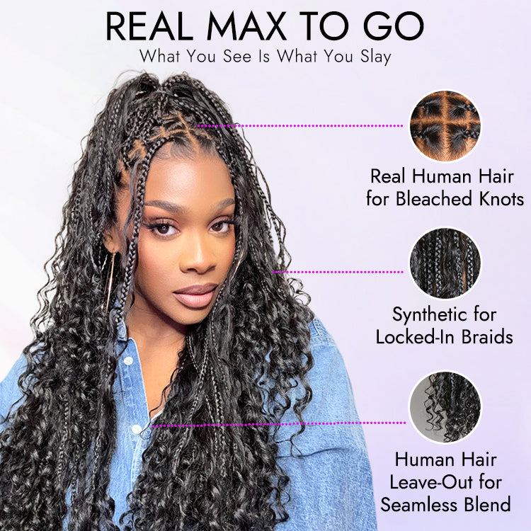 New Customers Only | Light Weight Flexi-Fit Invisi Drawstring Cap Full Lace Knotless Boho Curls Braided Long Wig Super Natural Scalp