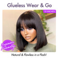 New Customers Only | Put On and Go Realistic Glueless Yaki Straight Bob with Bangs Minimalist Lace Wig 100% Human Hair