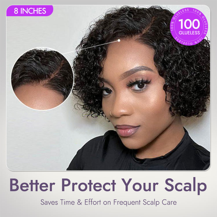 New Customers Only | Trendy Short Cut Curly Minimalist HD Lace Glueless Side Part Wig 100% Human Hair