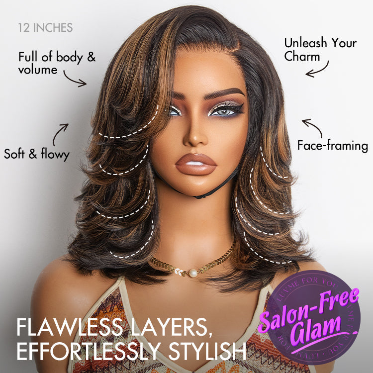 Weekly Special  | Brown Highlight Layered Haircut Wavy Glueless Minimalist HD Lace Wig Pre-Cut Lace