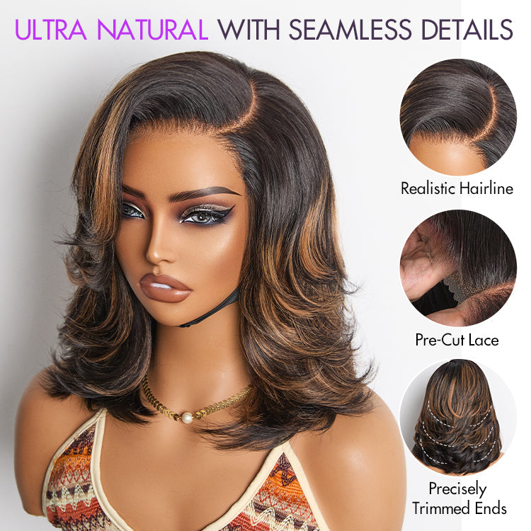Weekly Special  | Brown Highlight Layered Haircut Wavy Glueless Minimalist HD Lace Wig Pre-Cut Lace
