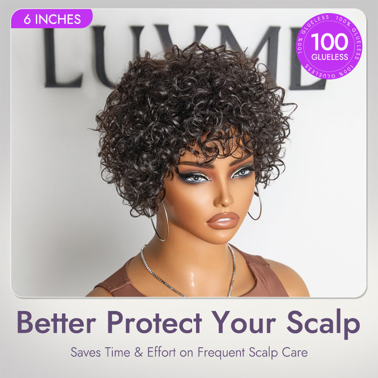 Exclusive Sale | Beginner Friendly Throw On & Go Short Bouncy Curls with Bangs Glueless Wig 100% Human Hair - US Only
