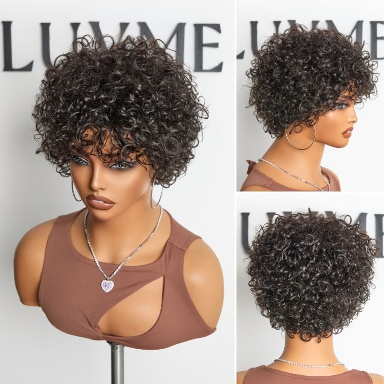 Exclusive Sale | Beginner Friendly Throw On & Go Short Bouncy Curls with Bangs Glueless Wig 100% Human Hair - US Only