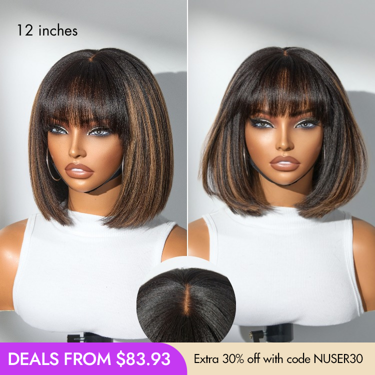 New Customers Only | Put On and Go Realistic Glueless Yaki Straight Bob with Bangs Minimalist Lace Wig 100% Human Hair