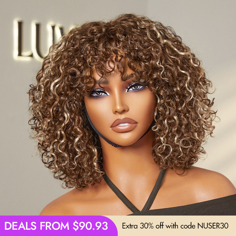 New Customers Only | Beginner Friendly Water Wave Minimalist Lace Glueless Short Curly Wig with Bangs