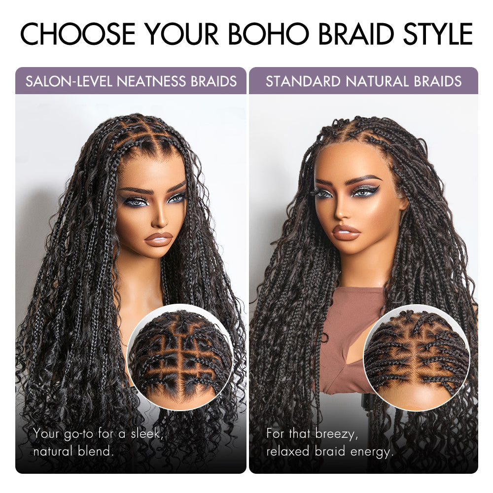 Readitress™ Light Weight Flexi-Fit Invisi Drawstring Cap Full Lace Knotless Boho Curls Braided Long Wig Super Natural Scalp