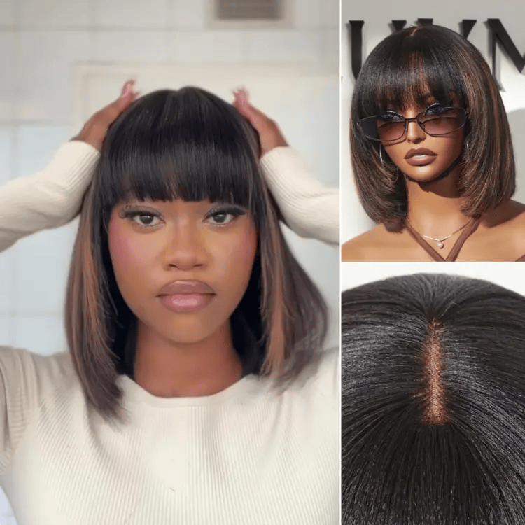 Put On and Go Ash Blonde Highlight / Brown Highlight / Natural Black Layered Cut Yaki Straight Minimalist Lace Bob Wig