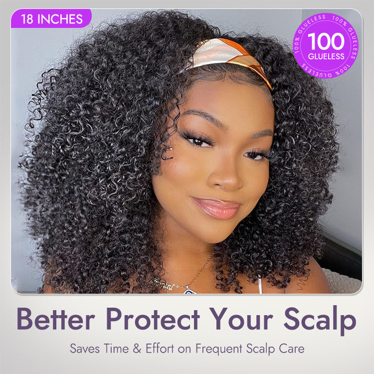 Natural Black Jerry Curly No Lace Glueless Free Part Long Headband Wig 100% Human Hair (Get Free Trendy Headbands)
