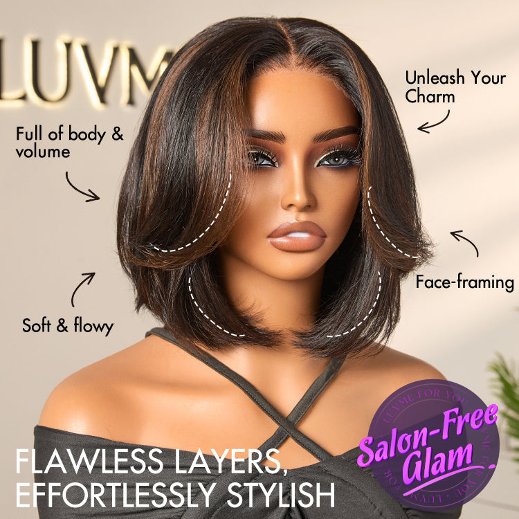 New Customers Only | Blonde Highlight / Brown Highlight Short Layered Bob Wig Glueless 5x5 Closure Pre-Cut Lace Wig