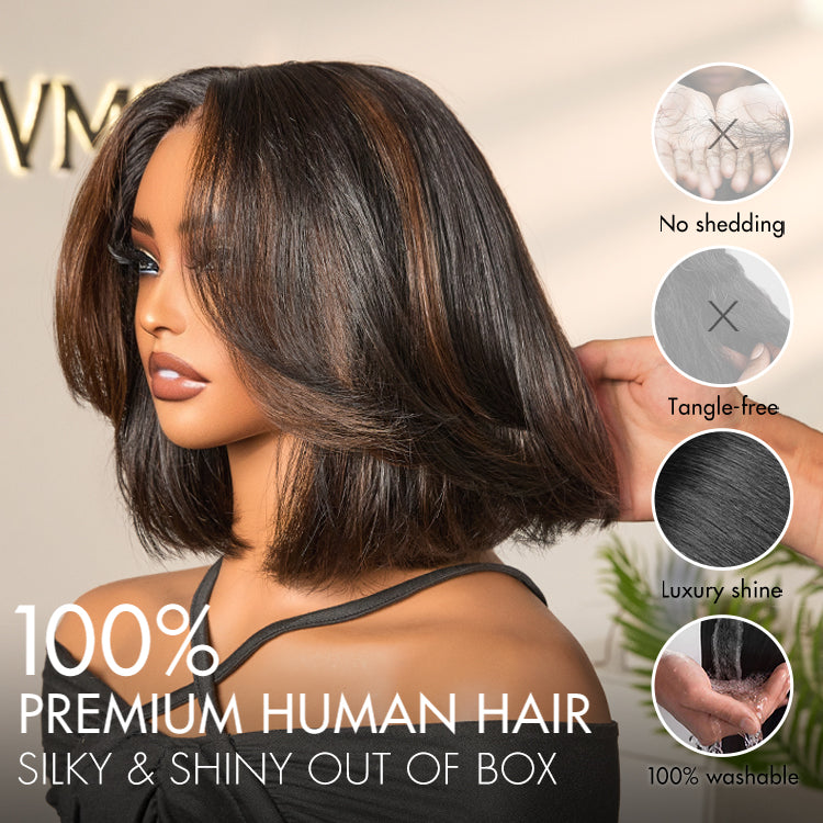 New Customers Only | Blonde Highlight / Brown Highlight Short Layered Bob Wig Glueless 5x5 Closure Pre-Cut Lace Wig