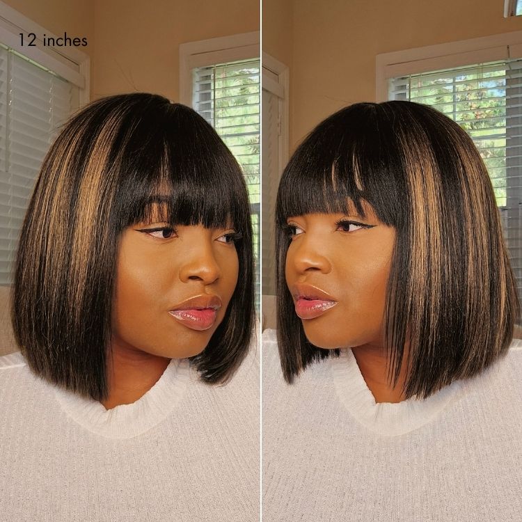 Special Deal | Put On and Go Realistic Glueless Yaki Straight Bob with Bangs Minimalist Lace Wig 100% Human Hair