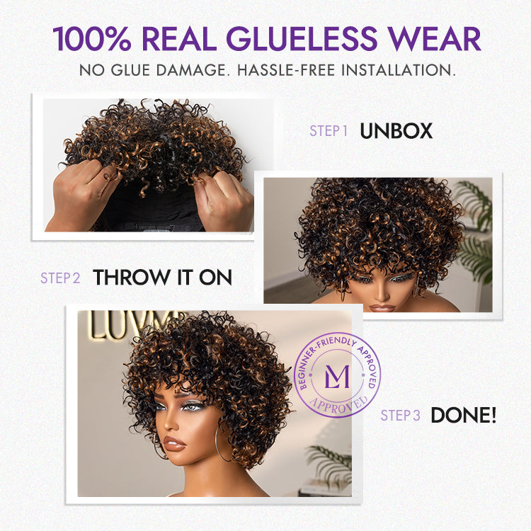 Throw On & Go Brown Highlight Short Curly with Bangs Wig Ultra Comfort Skin-Like Soft Care Glueless Hair Loss Friendly Wig