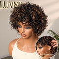 New Customers Only | Throw On & Go Brown Highlight Short Curly with Bangs Wig Ultra Comfort Cotton Cap Glueless Hair Loss Friendly Wig