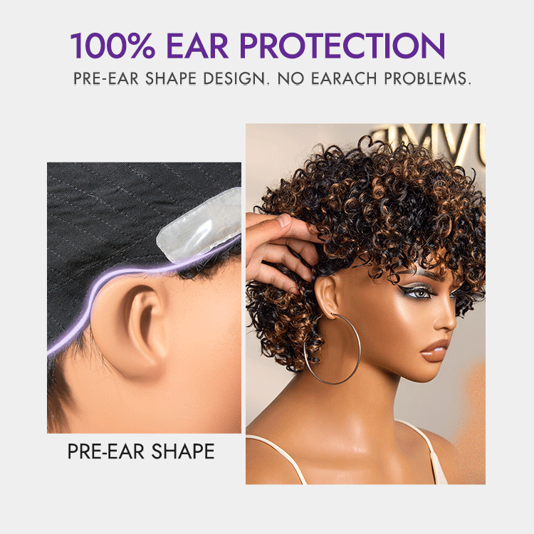 New Customers Only | Throw On & Go Brown Highlight Short Curly with Bangs Wig Ultra Comfort Cotton Cap Glueless Hair Loss Friendly Wig