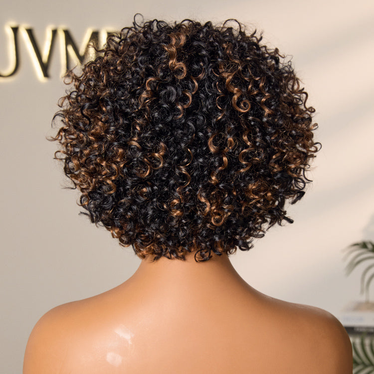 Throw On & Go Brown Highlight Short Curly with Bangs Wig Ultra Comfort Skin-Like Soft Care Glueless Hair Loss Friendly Wig