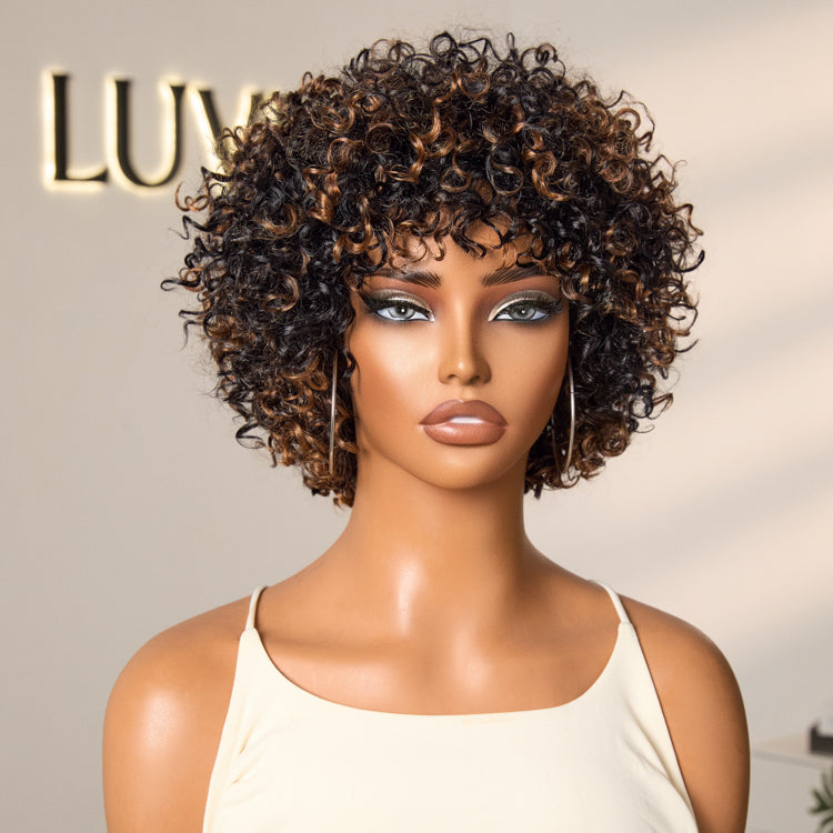Throw On & Go Brown Highlight Short Curly with Bangs Wig Ultra Comfort Skin-Like Soft Care Glueless Hair Loss Friendly Wig