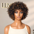 New Customers Only | Throw On & Go Brown Highlight Short Curly with Bangs Wig Ultra Comfort Cotton Cap Glueless Hair Loss Friendly Wig