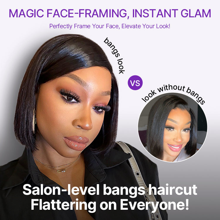 Swoop Bangs Breathable Cap Deep Left C Part Silky Straight Glueless 5x5 Closure Lace Bob Wig