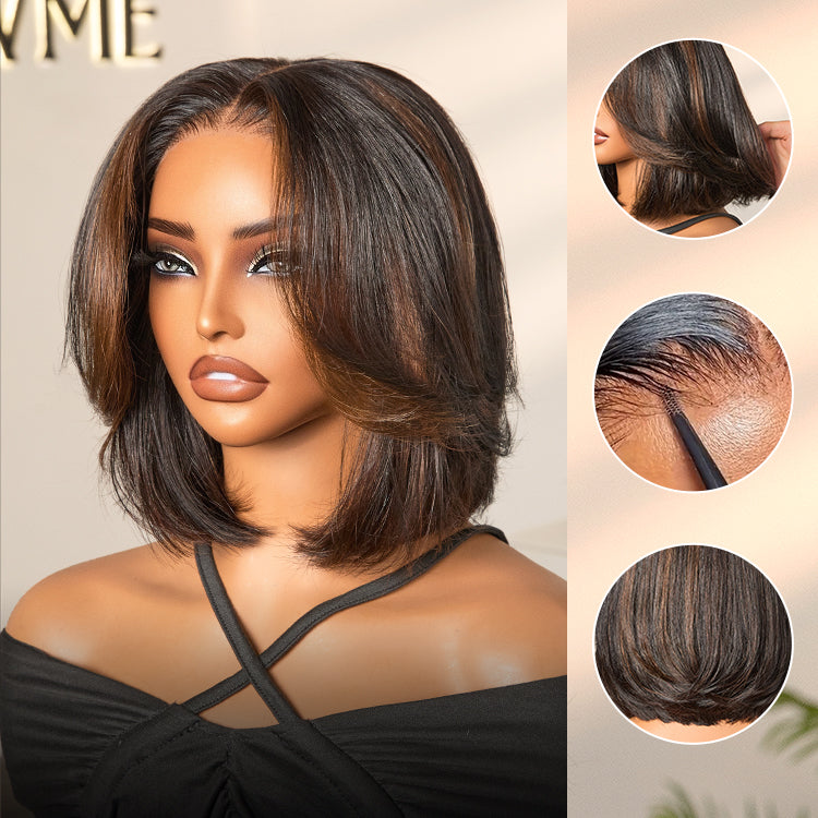New Customers Only | Blonde Highlight / Brown Highlight Short Layered Bob Wig Glueless 5x5 Closure Pre-Cut Lace Wig